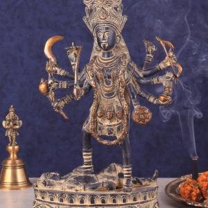 Pure Brass Vintage Kali Dashbhuja Idol | 10.5" Sacred Art | 2kg Ten-Armed Masterpiece | Vintage Temple Beauty | Jaipurio